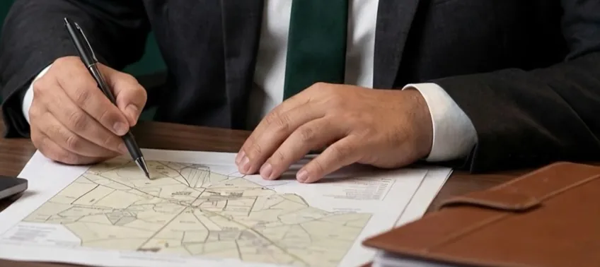 Mãos marcando com caneta um mapa de propriedade rural sobre a mesa